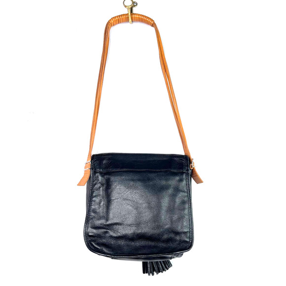 Francesco Biasia Black Tan Leather Shoulder Bag Purse Tassel Fold Over Small - Picture 5 of 7
